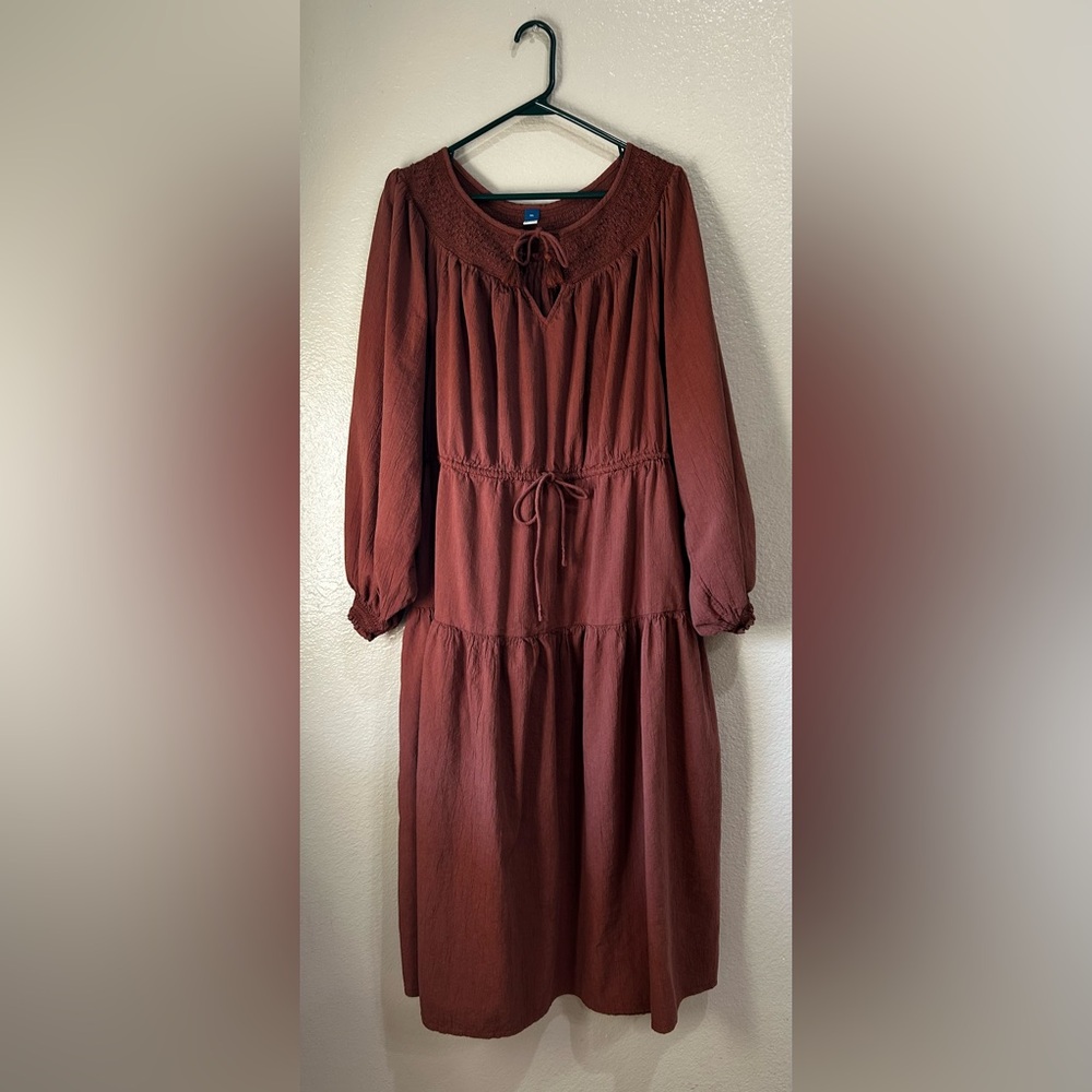 Old Navy Waist-Defined Prairie Long-Sleeve Midi Dress Brown Sz XXL Boho Casual
